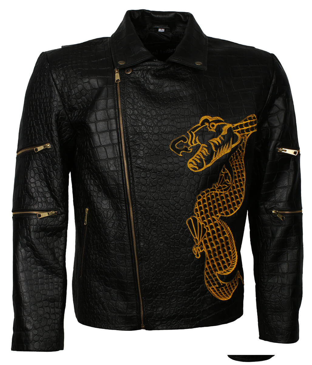 Crocodile Embossed Dragon Embroidered Black Leather Jacket