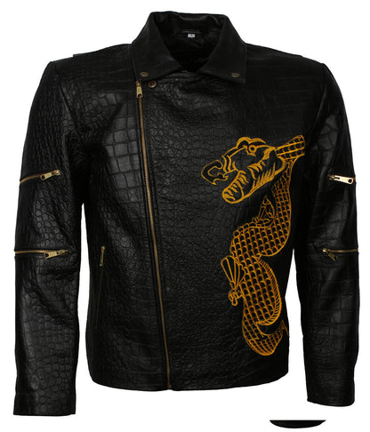Crocodile Embossed Dragon Embroidered Black Leather Jacket