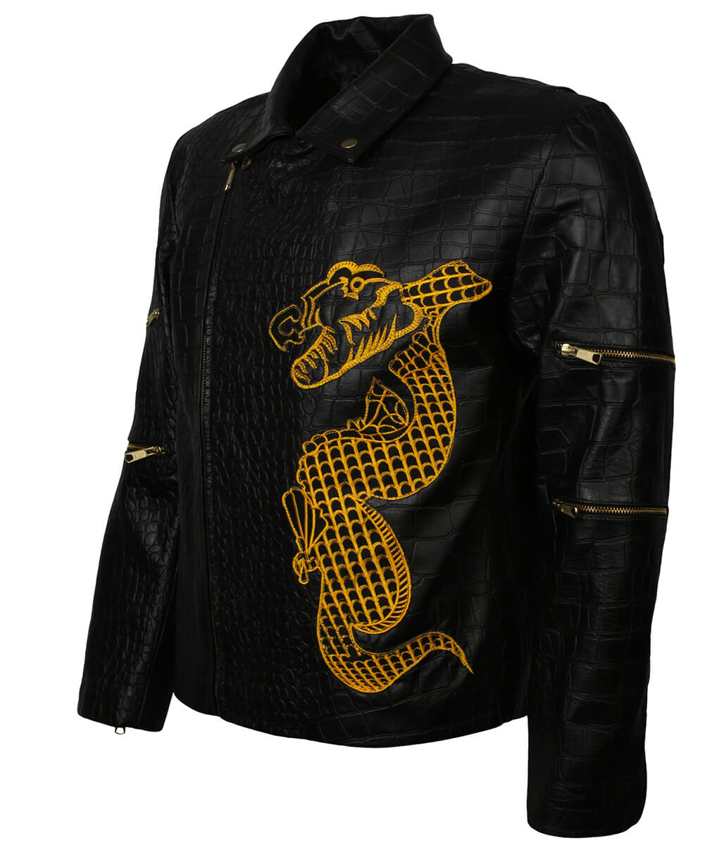Crocodile Embossed Dragon Embroidered Black Leather Jacket