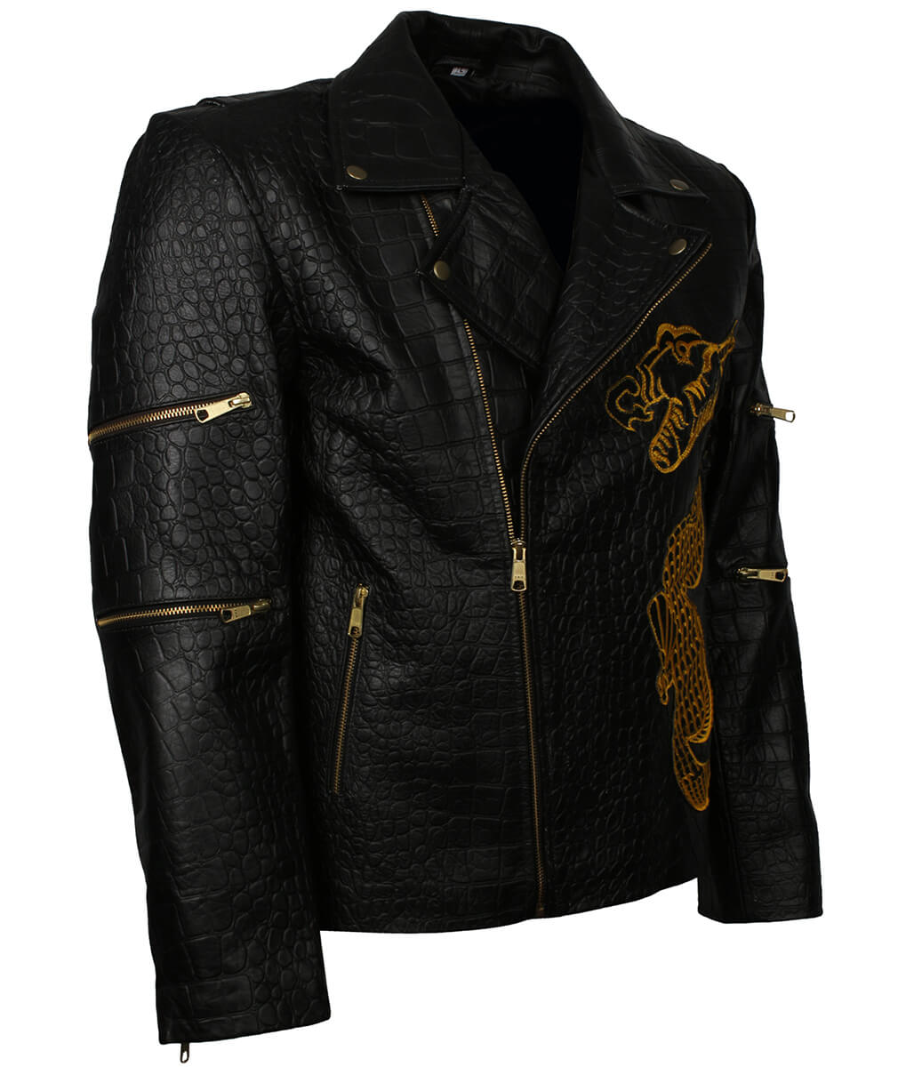 Crocodile Embossed Dragon Embroidered Black Leather Jacket