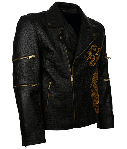 Crocodile Embossed Dragon Embroidered Black Leather Jacket