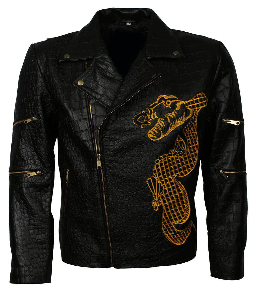 Crocodile Embossed Dragon Embroidered Black Leather Jacket