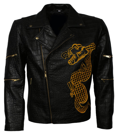 Crocodile Embossed Dragon Embroidered Black Leather Jacket