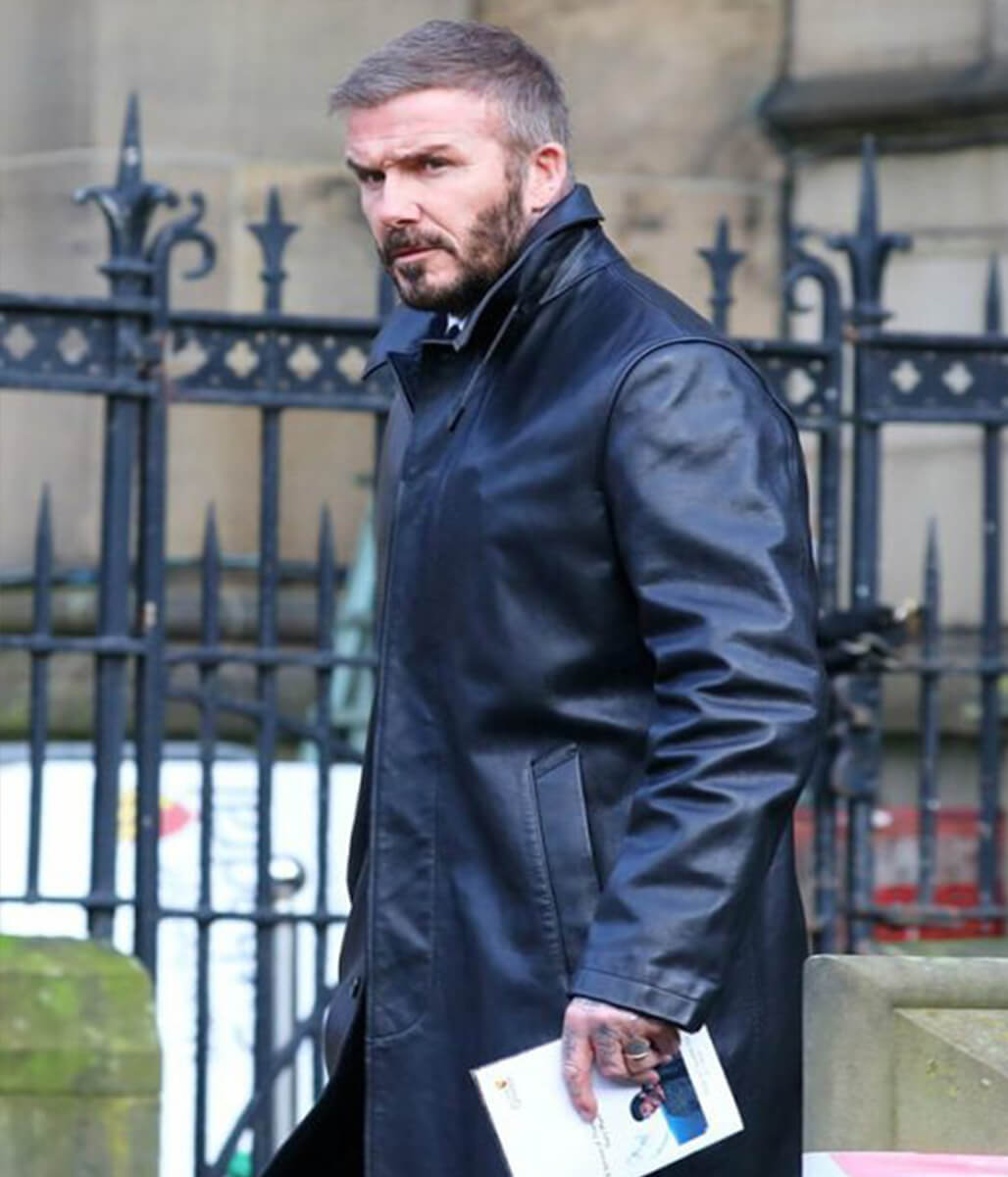 David Beckham Black Leather Trench Coat