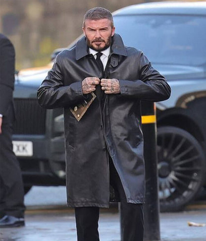 David Beckham Black Leather Trench Coat