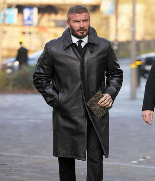 David Beckham Black Leather Trench Coat