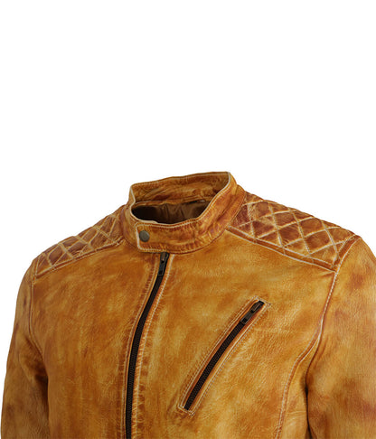 Diamond Quilted Shoulder Distressed Real Leather Jacket Light Tan