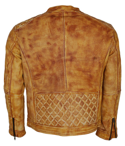 Diamond Quilted Shoulder Distressed Real Leather Jacket Light Tan
