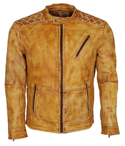 Diamond Quilted Shoulder Distressed Real Leather Jacket Light Tan
