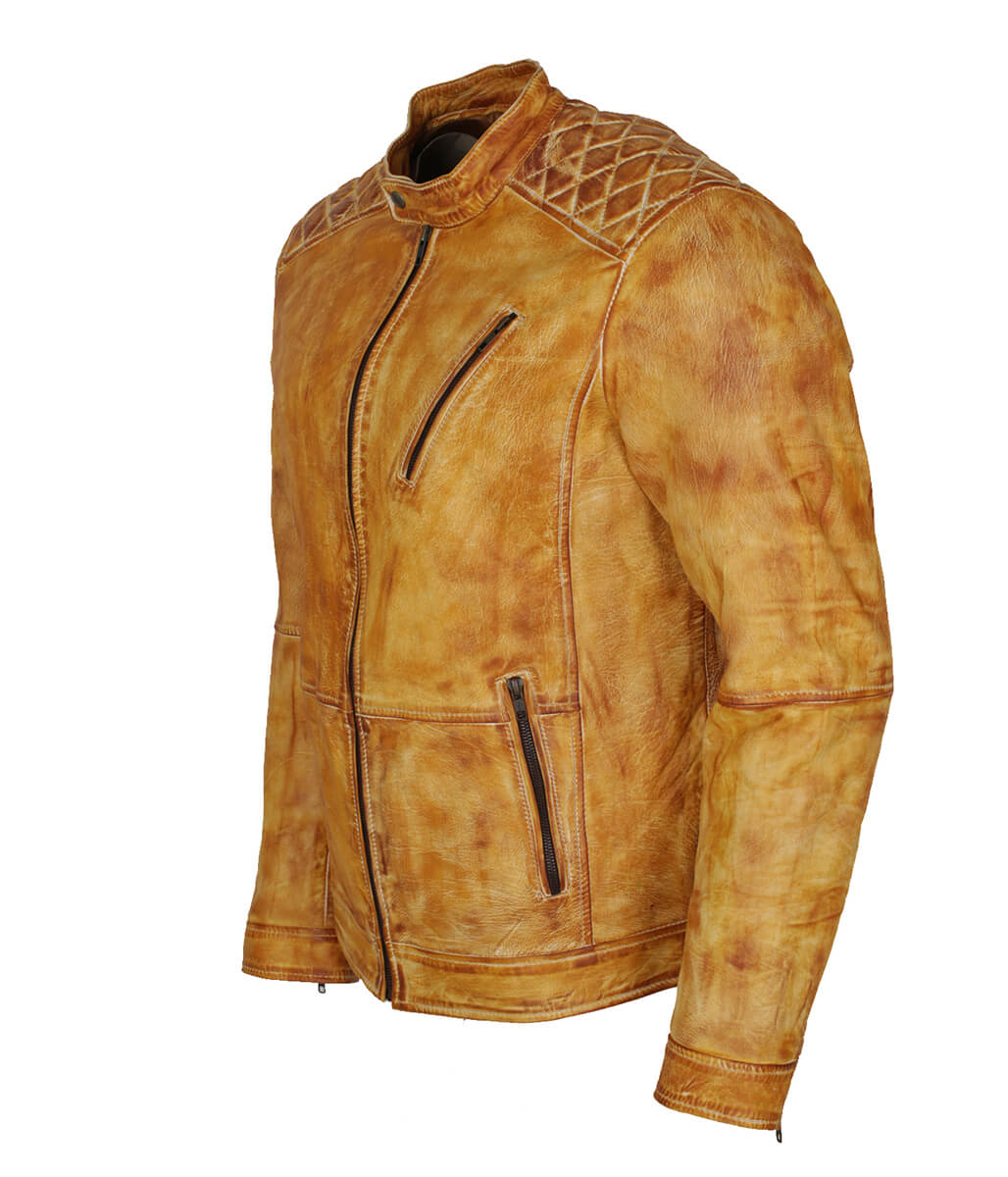 Diamond Quilted Shoulder Distressed Real Leather Jacket Light Tan