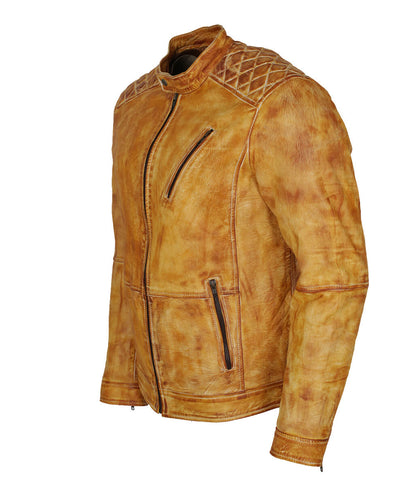 Diamond Quilted Shoulder Distressed Real Leather Jacket Light Tan