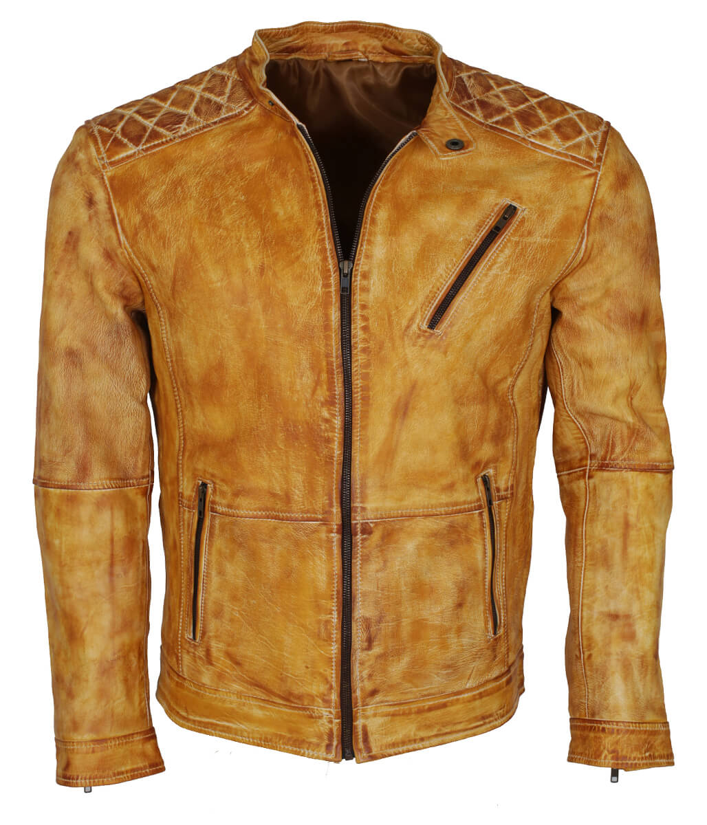 Diamond Quilted Shoulder Distressed Real Leather Jacket Light Tan