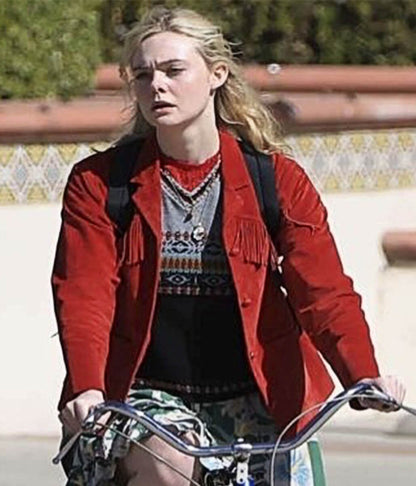 Elle Fanning Margo's Got Money Trouble S1 Red Suede Fringe Jacket