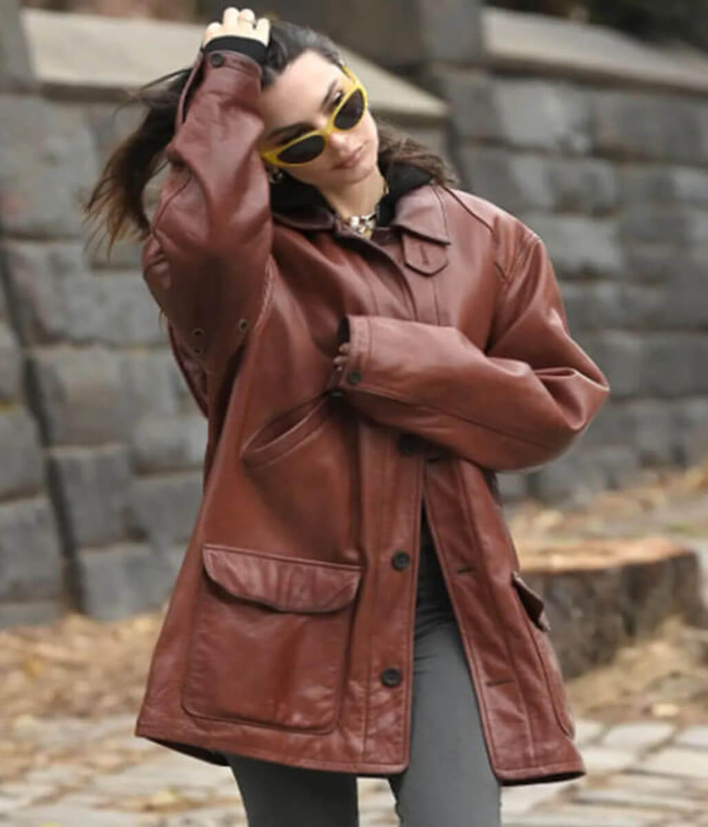 Emily Ratajkowski 2025 Burgundy Leather Jacket