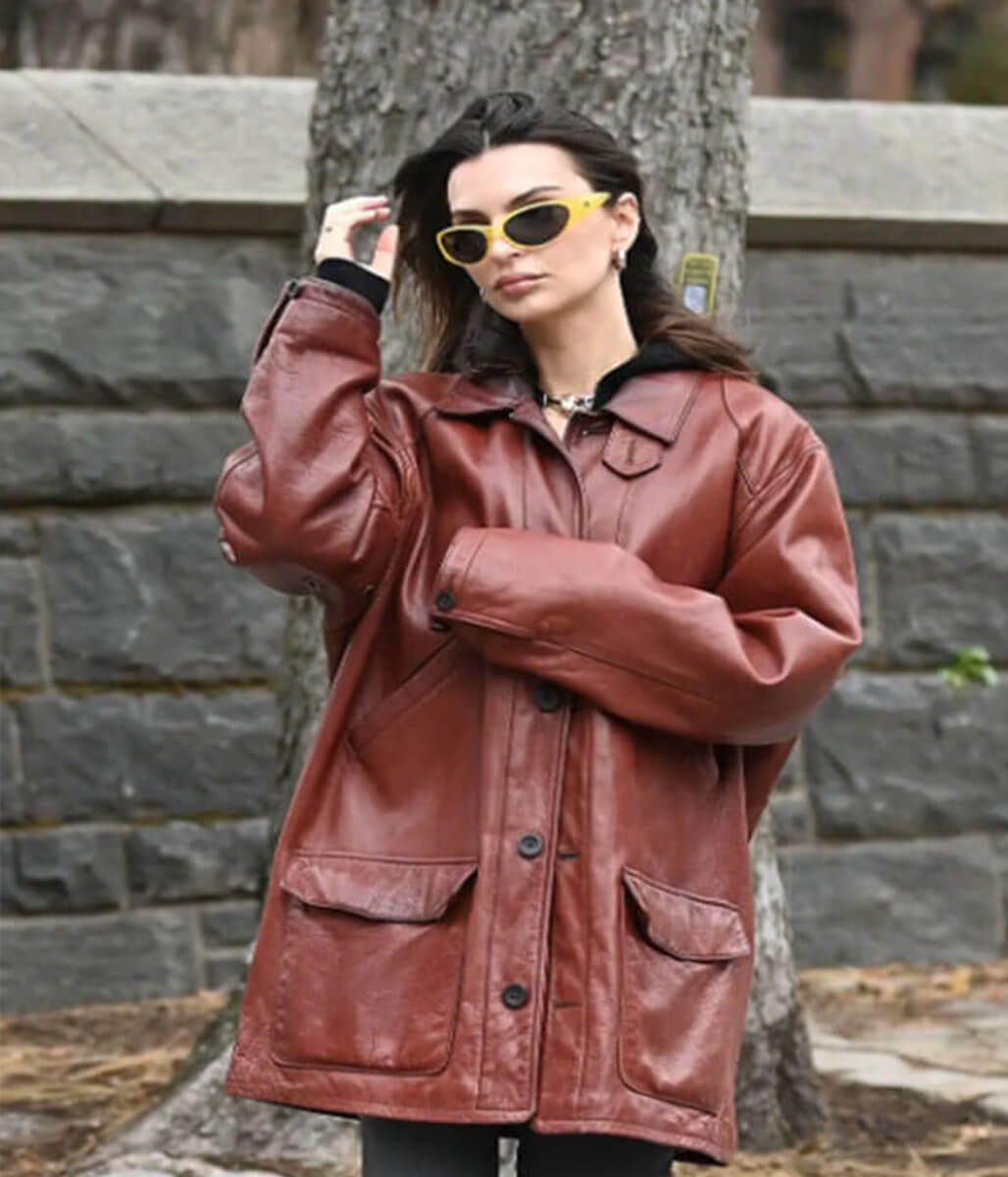 Emily Ratajkowski 2025 Burgundy Leather Jacket
