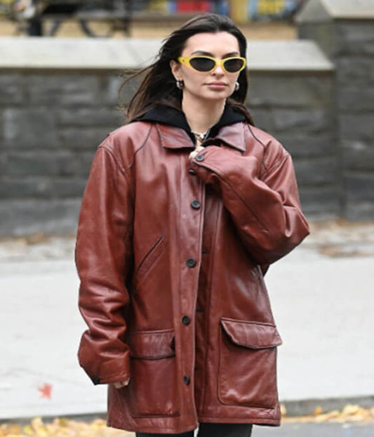 Emily Ratajkowski 2025 Burgundy Leather Jacket