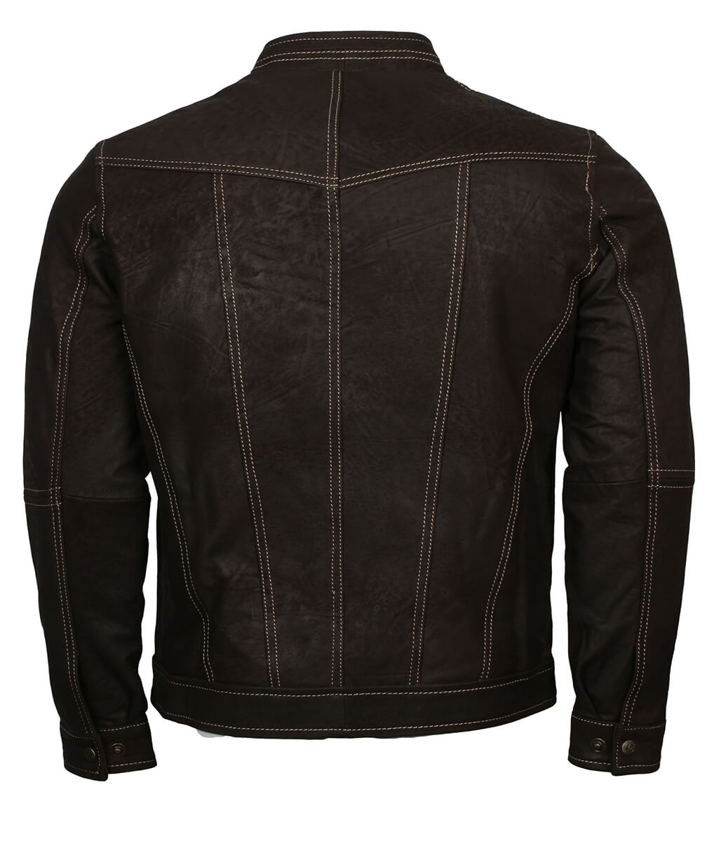 Fashion Men Contrast Stitch Dark Brown Leather Jacket