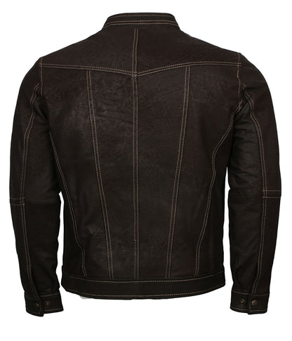 Fashion Men Contrast Stitch Dark Brown Leather Jacket