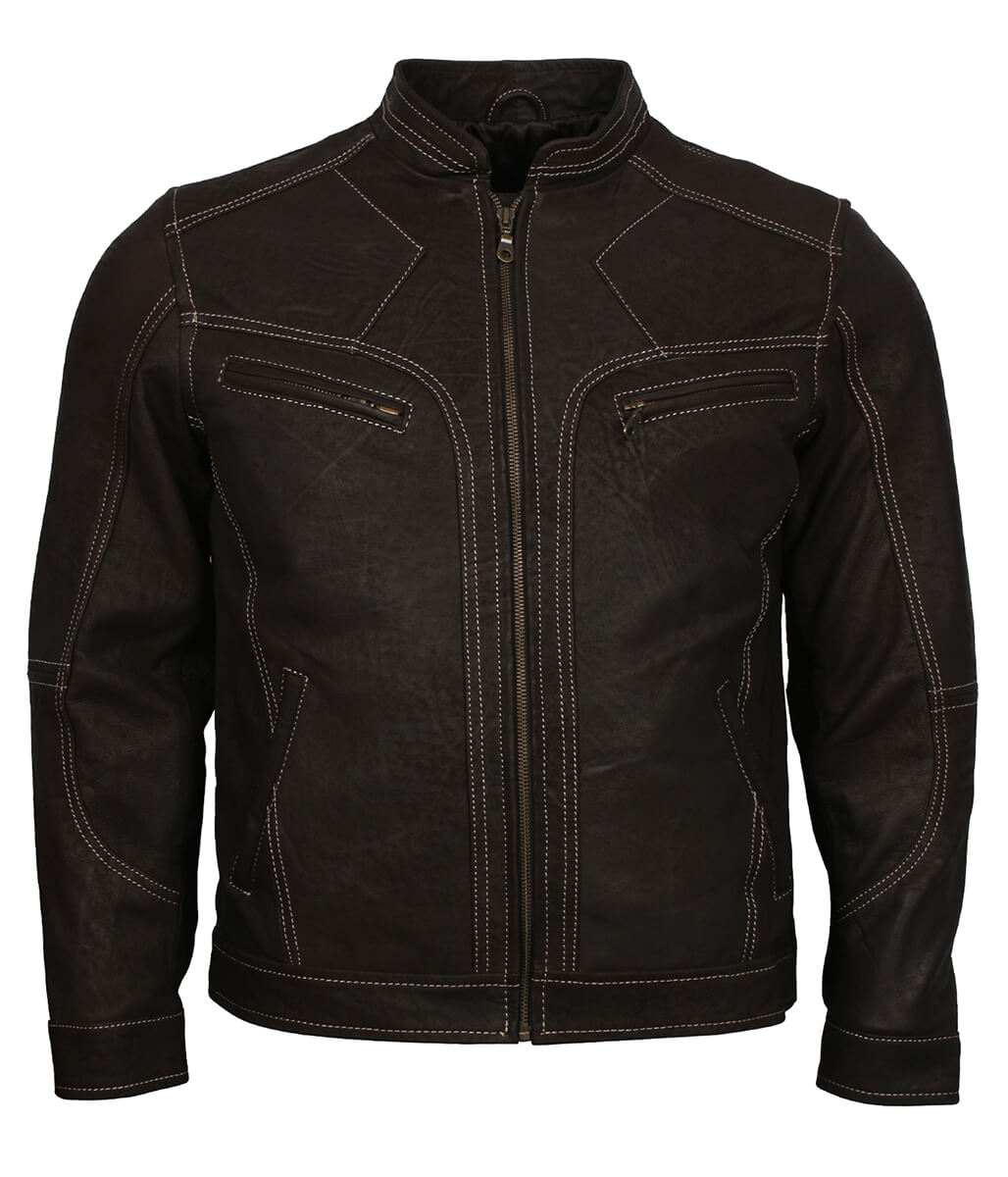 Fashion Men Contrast Stitch Dark Brown Leather Jacket