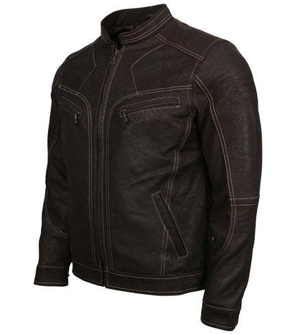 Fashion Men Contrast Stitch Dark Brown Leather Jacket
