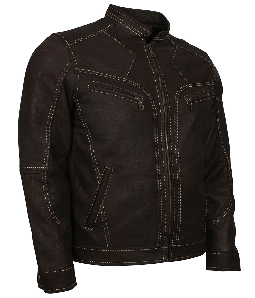 Fashion Men Contrast Stitch Dark Brown Leather Jacket