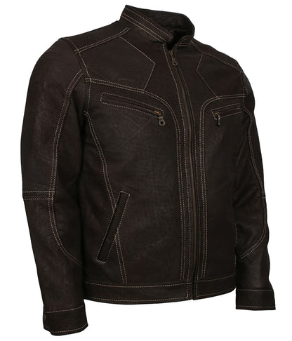 Fashion Men Contrast Stitch Dark Brown Leather Jacket