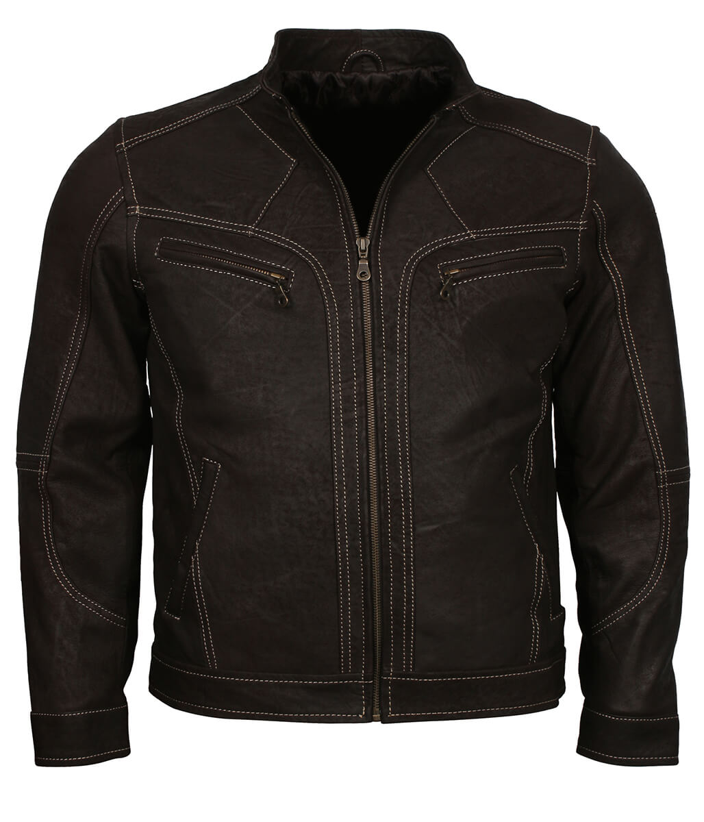 Fashion Men Contrast Stitch Dark Brown Leather Jacket