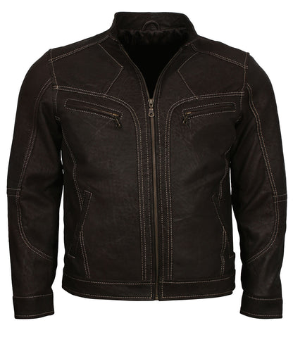 Fashion Men Contrast Stitch Dark Brown Leather Jacket