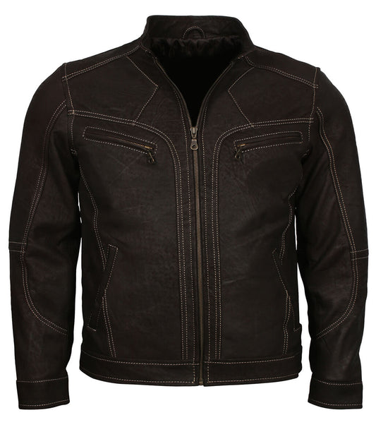 Fashion Men Contrast Stitch Dark Brown Leather Jacket
