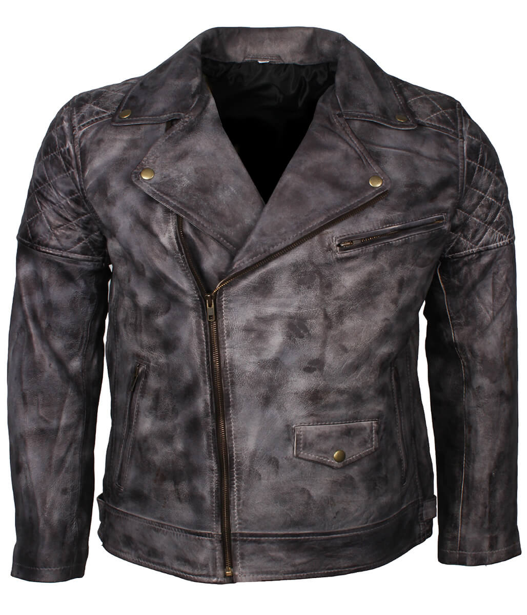 Fashion Men's Quilted Asymmetric Grey Leather Jacket