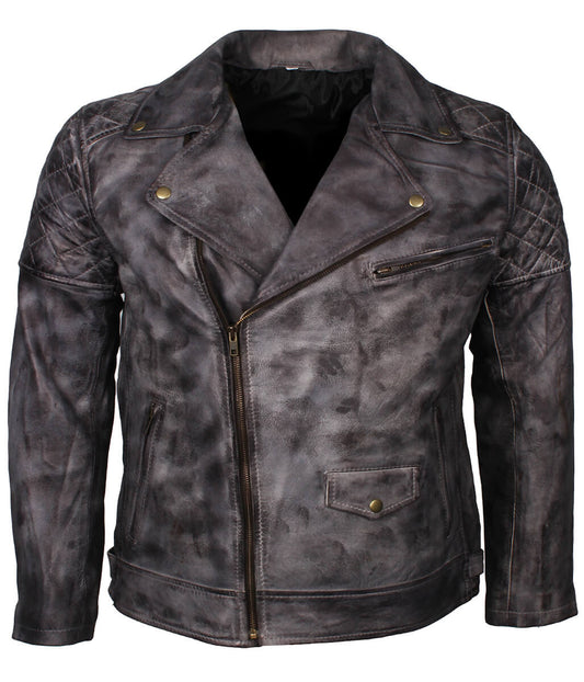 Fashion Men's Quilted Asymmetric Grey Leather Jacket