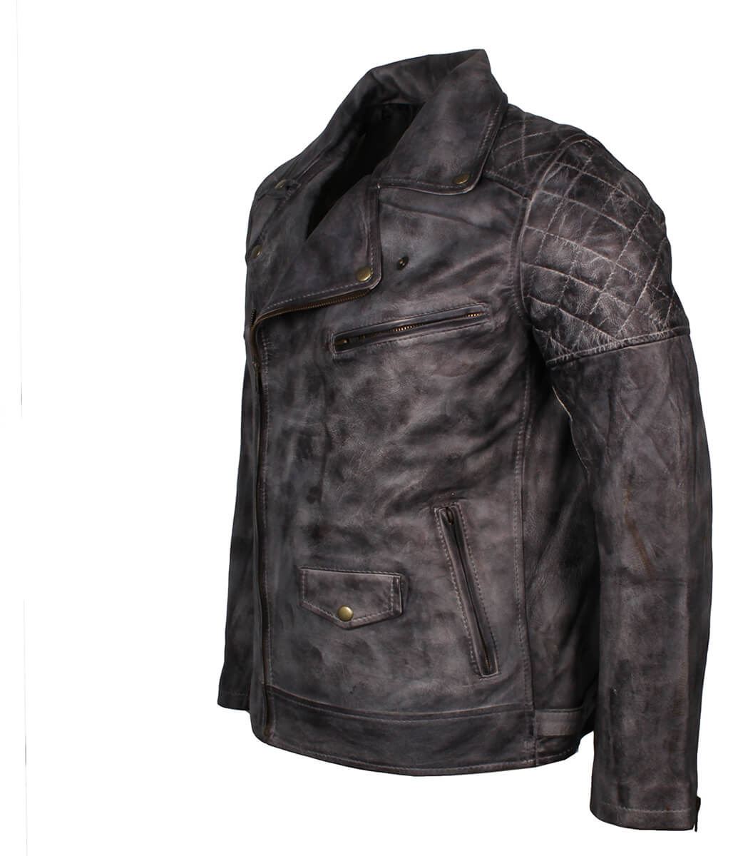 Fashion Men's Quilted Asymmetric Grey Leather Jacket