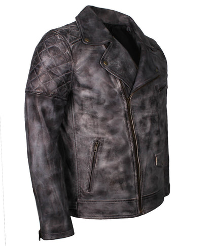 Fashion Men's Quilted Asymmetric Grey Leather Jacket