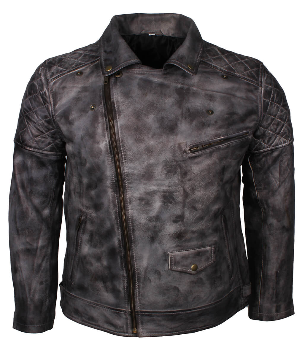 Fashion Men's Quilted Asymmetric Grey Leather Jacket