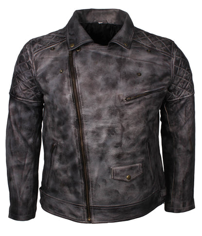 Fashion Men's Quilted Asymmetric Grey Leather Jacket