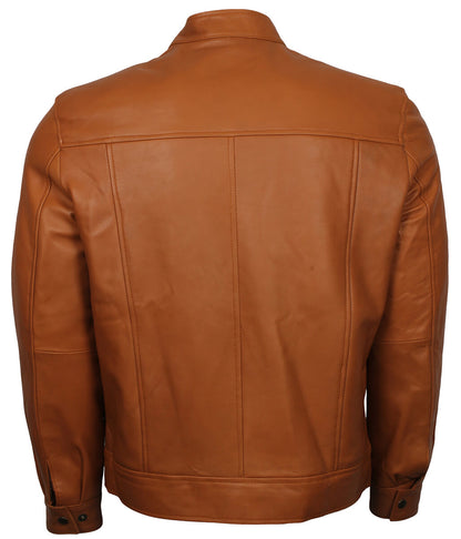 Fashion Men Quilted Shoulder Tan Leather Jacket