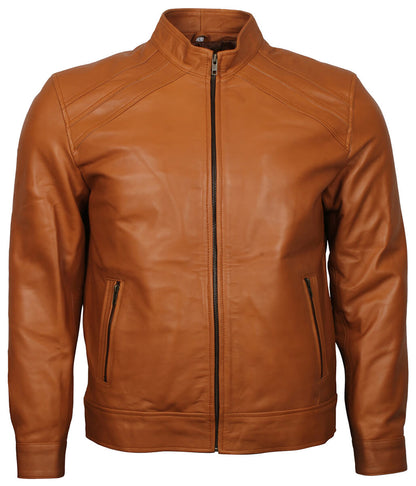 Fashion Men Quilted Shoulder Tan Leather Jacket