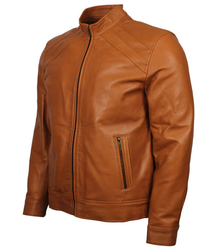 Fashion Men Quilted Shoulder Tan Leather Jacket