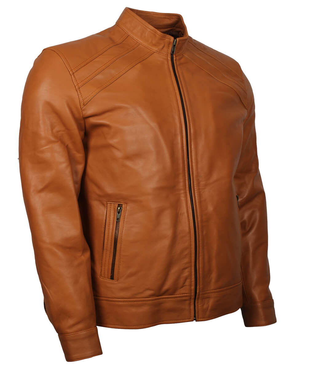 Fashion Men Quilted Shoulder Tan Leather Jacket