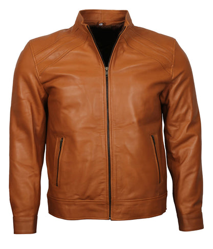 Fashion Men Quilted Shoulder Tan Leather Jacket