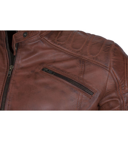 Fashion Men Snap Tab Padded Distressed Brown Leather Jacket