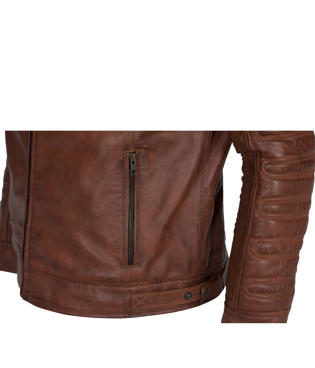 Fashion Men Snap Tab Padded Distressed Brown Leather Jacket