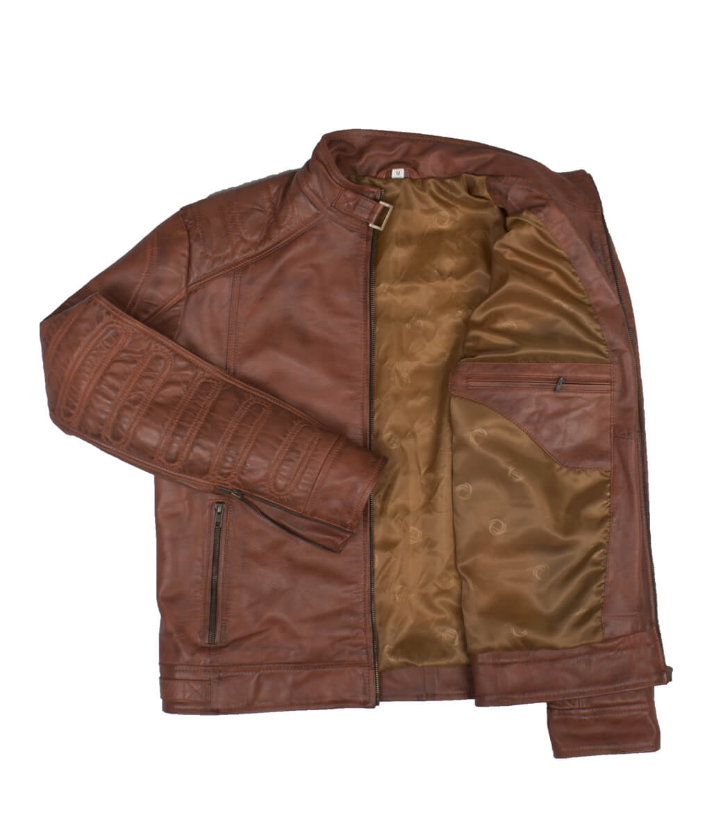 Fashion Men Snap Tab Padded Distressed Brown Leather Jacket
