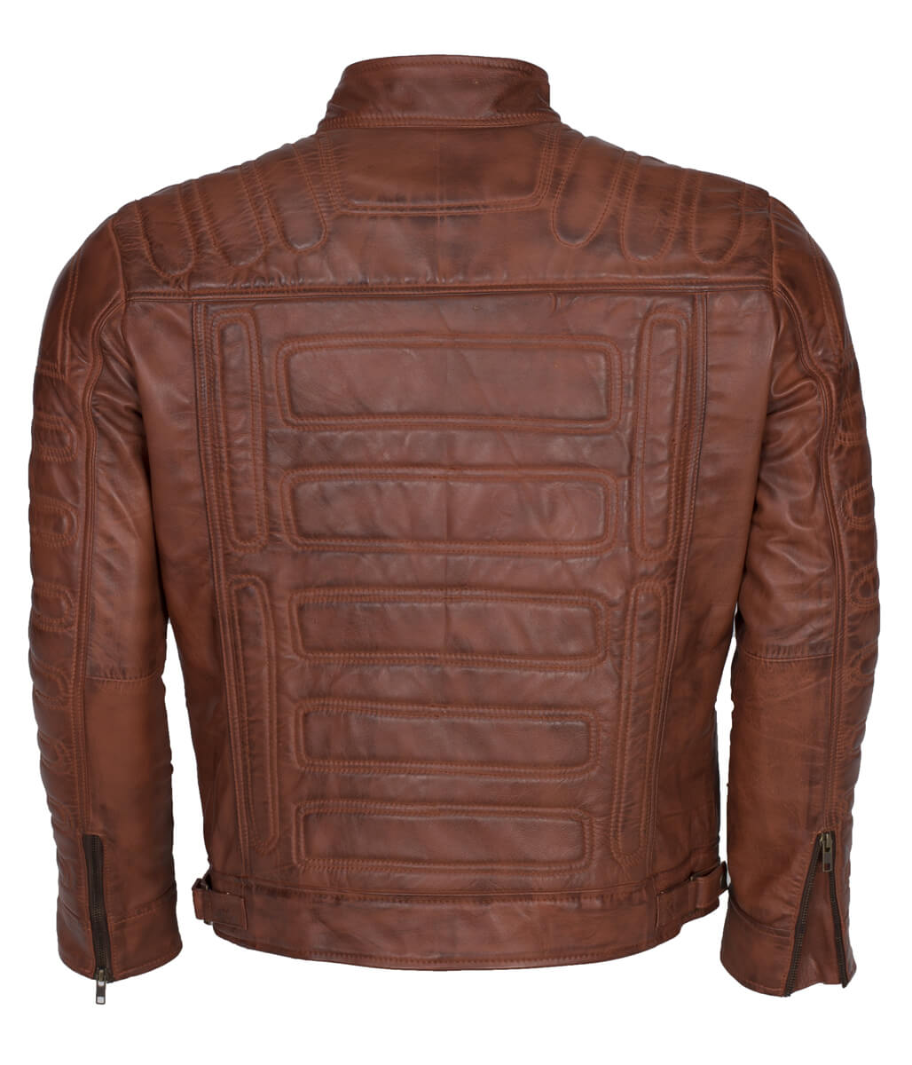 Fashion Men Snap Tab Padded Distressed Brown Leather Jacket