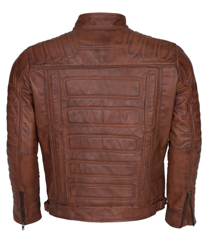 Fashion Men Snap Tab Padded Distressed Brown Leather Jacket