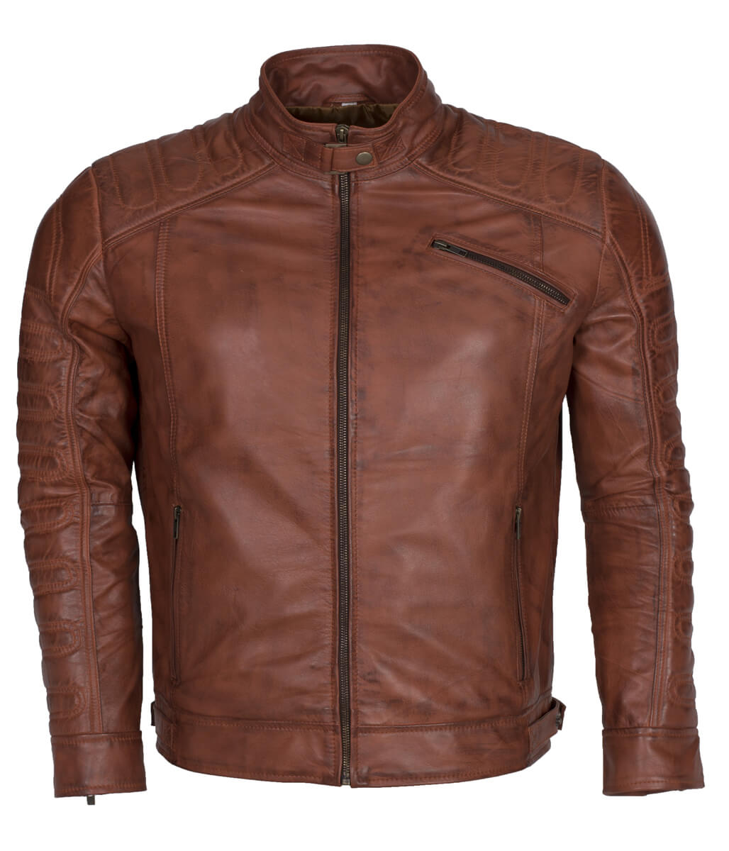 Fashion Men Snap Tab Padded Distressed Brown Leather Jacket