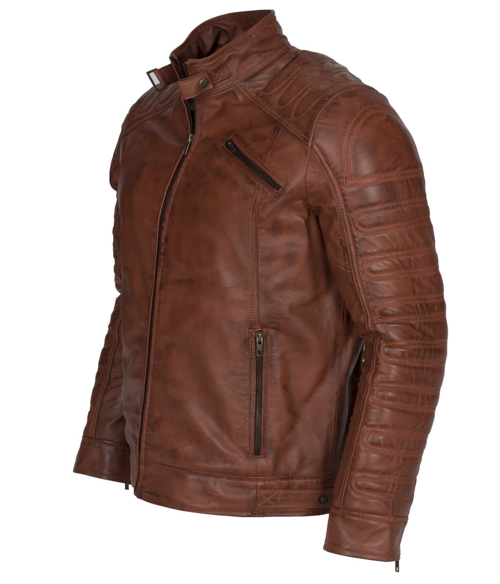 Fashion Men Snap Tab Padded Distressed Brown Leather Jacket