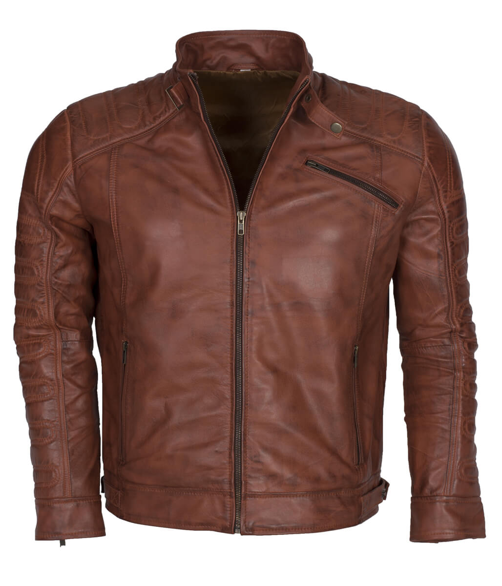 Fashion Men Snap Tab Padded Distressed Brown Leather Jacket