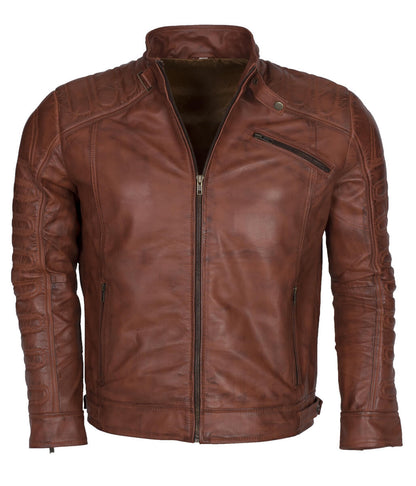 Fashion Men Snap Tab Padded Distressed Brown Leather Jacket