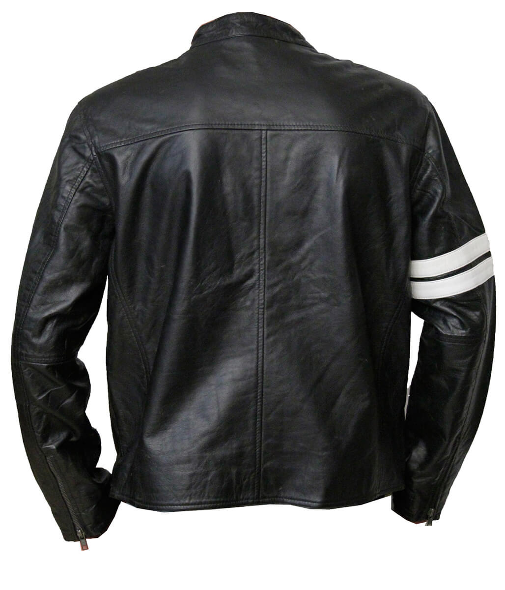 Men Fashion Vertical White Striped Biker Cafe Racer Black Leather Jacket